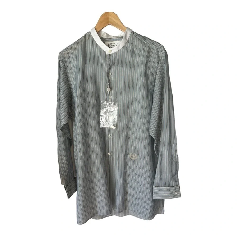 Maison Margiela Blue Pinstriped Band Collar Men’s Long Sleeve Button Up Shirt - Picture 3 of 11